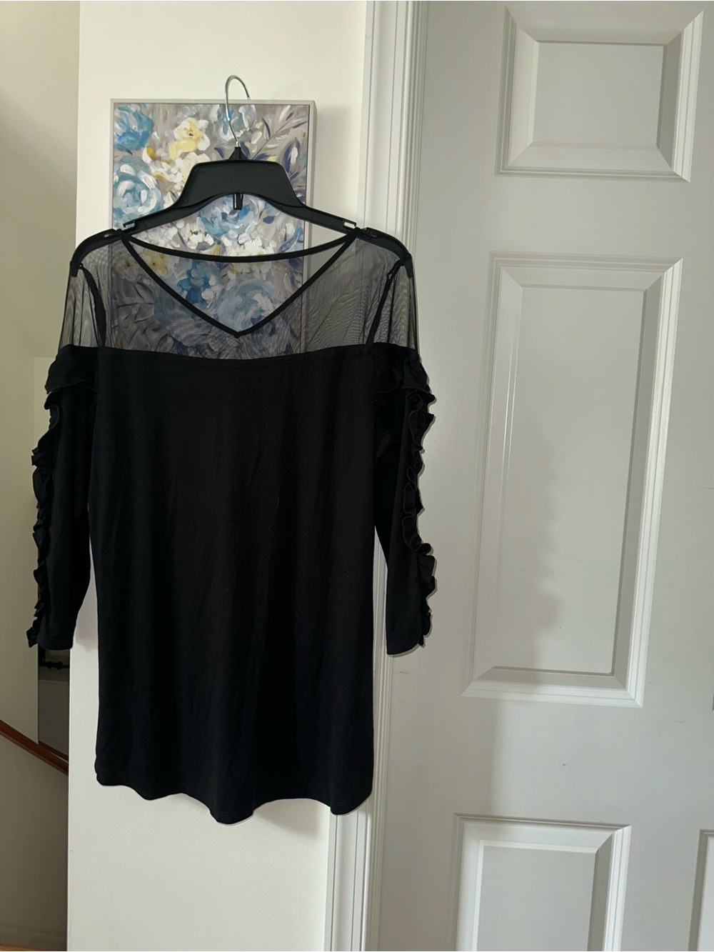 Black Sheer Yoke Ruffle Sleeve Women's Blouse